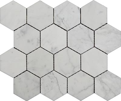 Bianco Carrara Polished Marble Mosaic Hexagon 3inch bcpmhex3