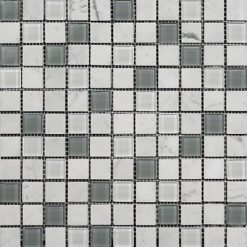 Bianco Carrara Polished Marble Mosaic Carrara & Glass 1inch x 1inch bcpmcg11