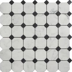 Bianco Carrara Polished Marble Mosaic Octagon with Black Dot 2inch bcpmoct2