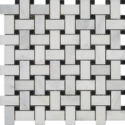 Eastern White Polished Marble Mosaic Basketweave with Black Dot 1"x2"