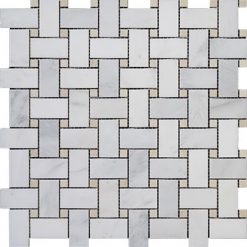 Eastern White Polished Marble Mosaic Basketweave with Beige Dot 1"x2"